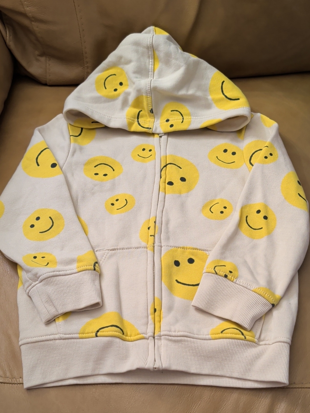 Old Navy Kids Zip-Up Hoodie with Yellow Smiley Print on Cream